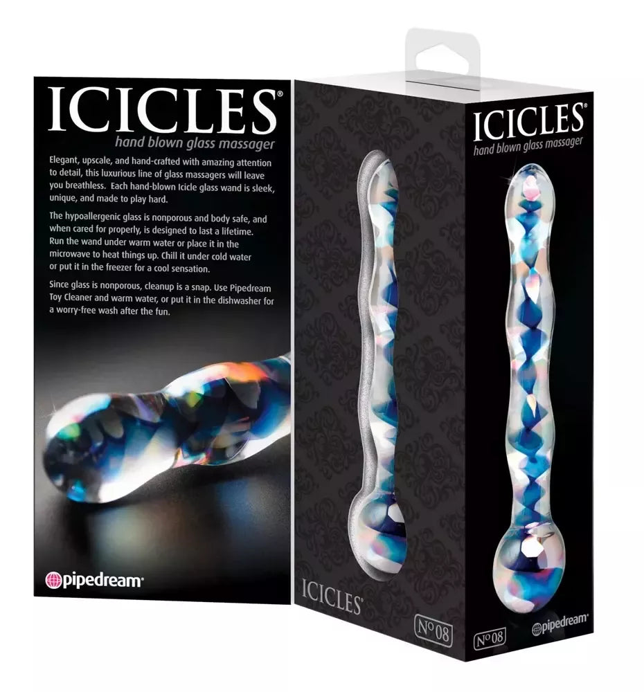 Pipedream Icicles No. 8 stiklinis intymus masažuoklis, skaidrus/mėlynas, 17,5 cm