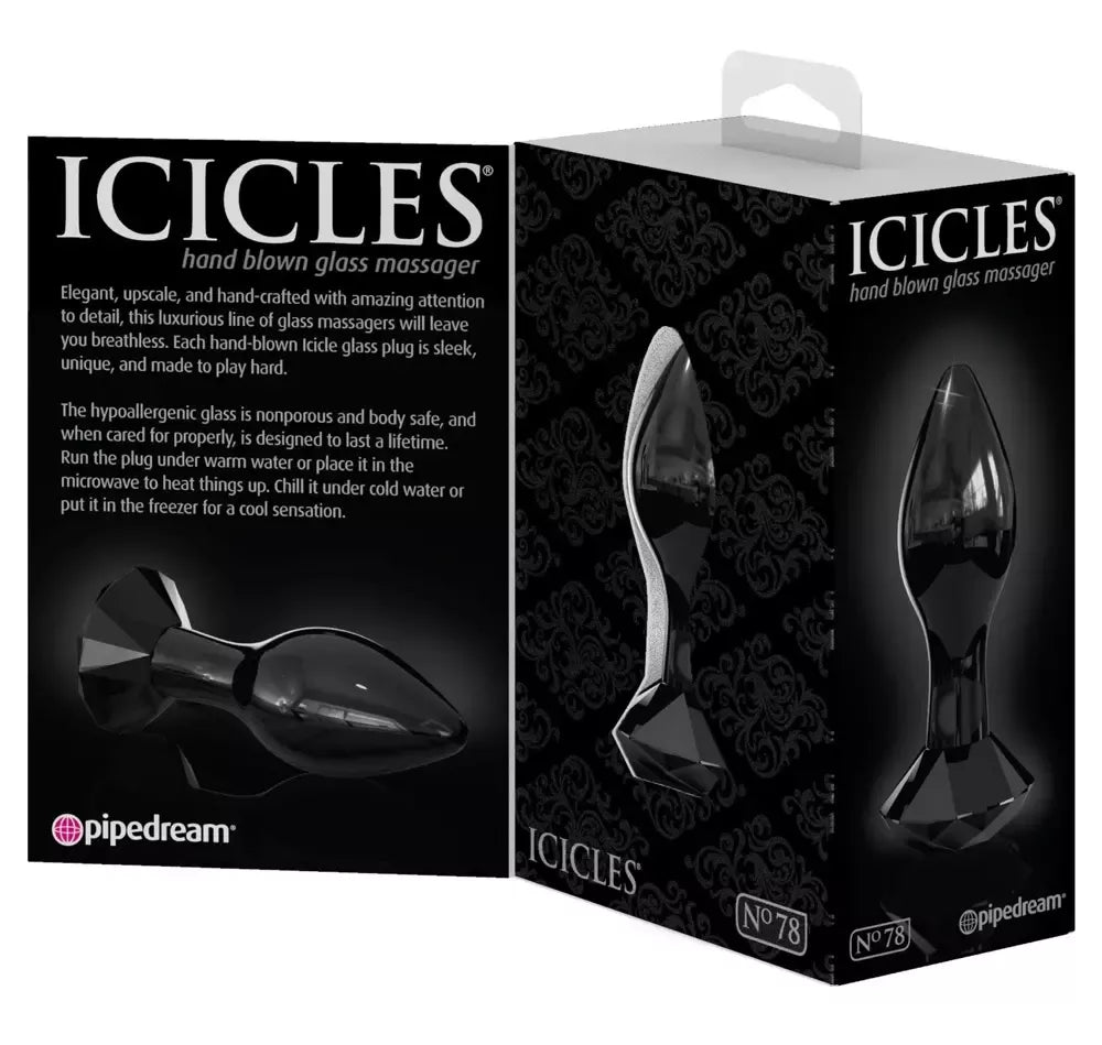 Pipedream Icicles Nr. 78 stiklinis analinis kamštis su deimanto formos pagrindu, juodas 9 cm