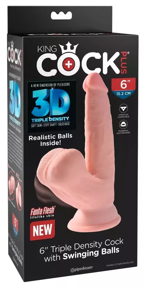Pipedream King Cock 6" Triple Density modelis su lanksčiu pagrindu, smėlio spalvos