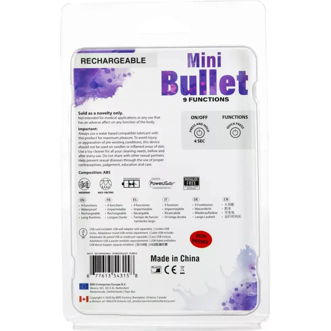 PowerBullet Mini vibruojantis masažuoklis, 9 režimai, įkraunamas per USB, violetinis