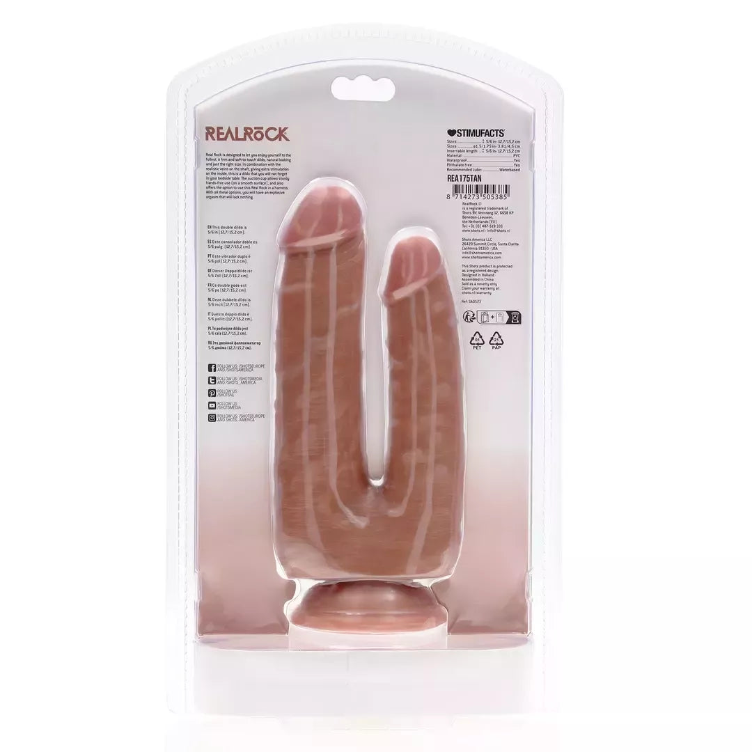 RealRock Double Trouble dvipusis dildo 12,7/15,2 cm, įdegio spalvos