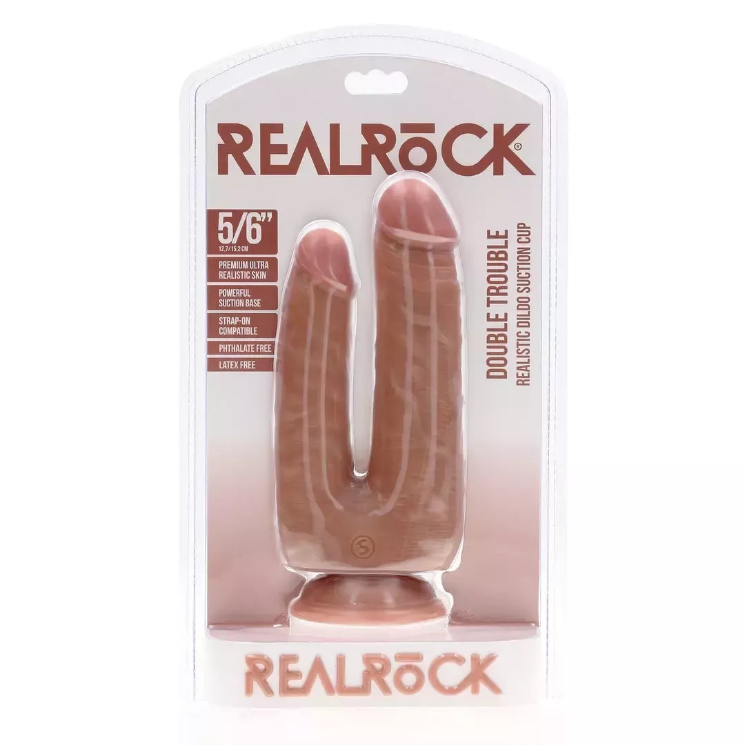 RealRock Double Trouble dvipusis dildo 12,7/15,2 cm, įdegio spalvos