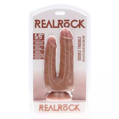 RealRock Double Trouble dvipusis dildo 12,7/15,2 cm, įdegio spalvos