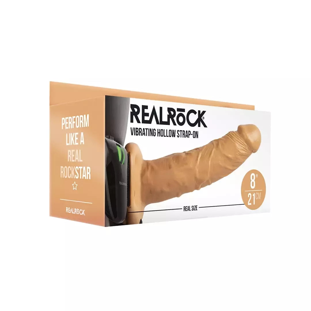 RealRock vibruojantis tuščiaviduris diržinis dildo 8" reguliuojamas intymus prietaisas, smėlio spalvos