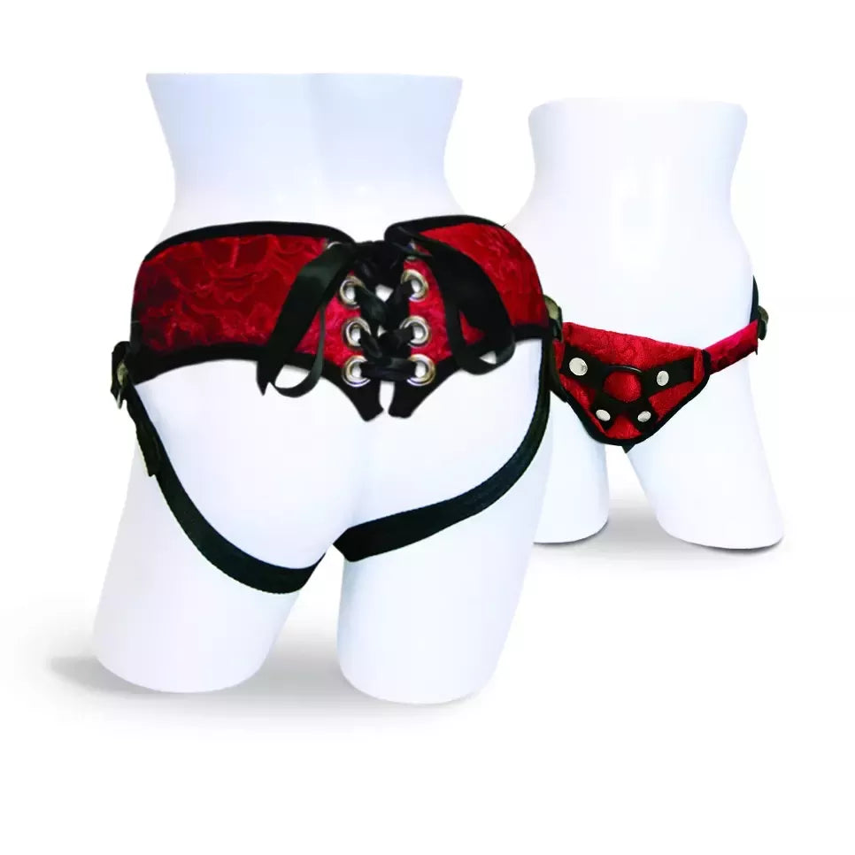 Reguliuojami kojų diržai Sportsheets Sunrise Lace Corsette Harness, raudono pliušo, 152 cm