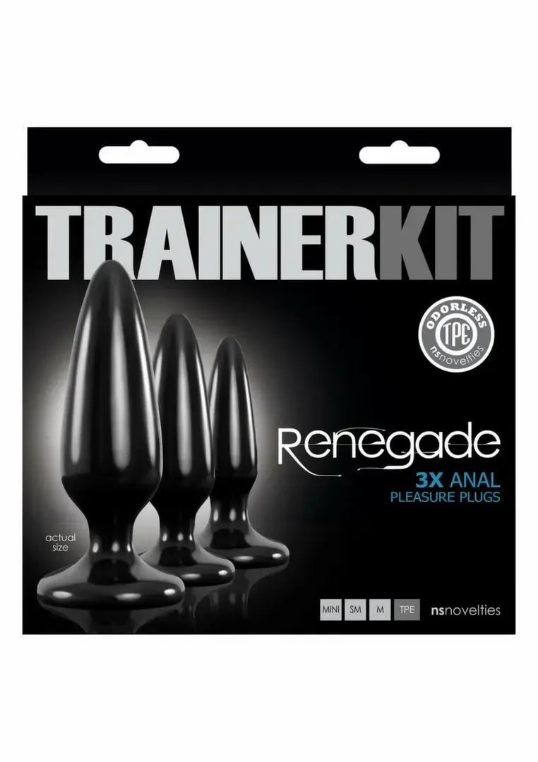 Renegade Pleasure Plug Trainer Kit – 3 dydžių TPE analinių kamštukų rinkinys su siurbtuko tipo pagrindu, juodas