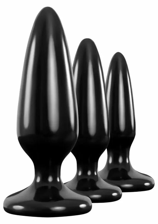 Renegade Pleasure Plug Trainer Kit – 3 dydžių TPE analinių kamštukų rinkinys su siurbtuko tipo pagrindu, juodas