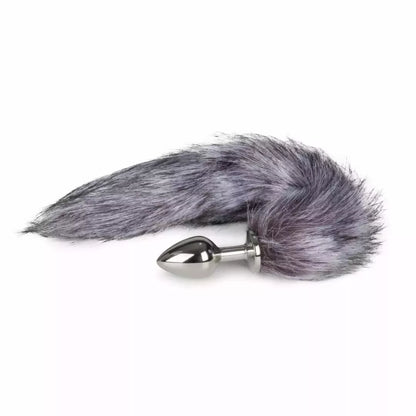 Rimba Fox Tail aliumininis analinis kaištis - sidabrinis su pilku dirbtiniu kailiu, vidutinis
