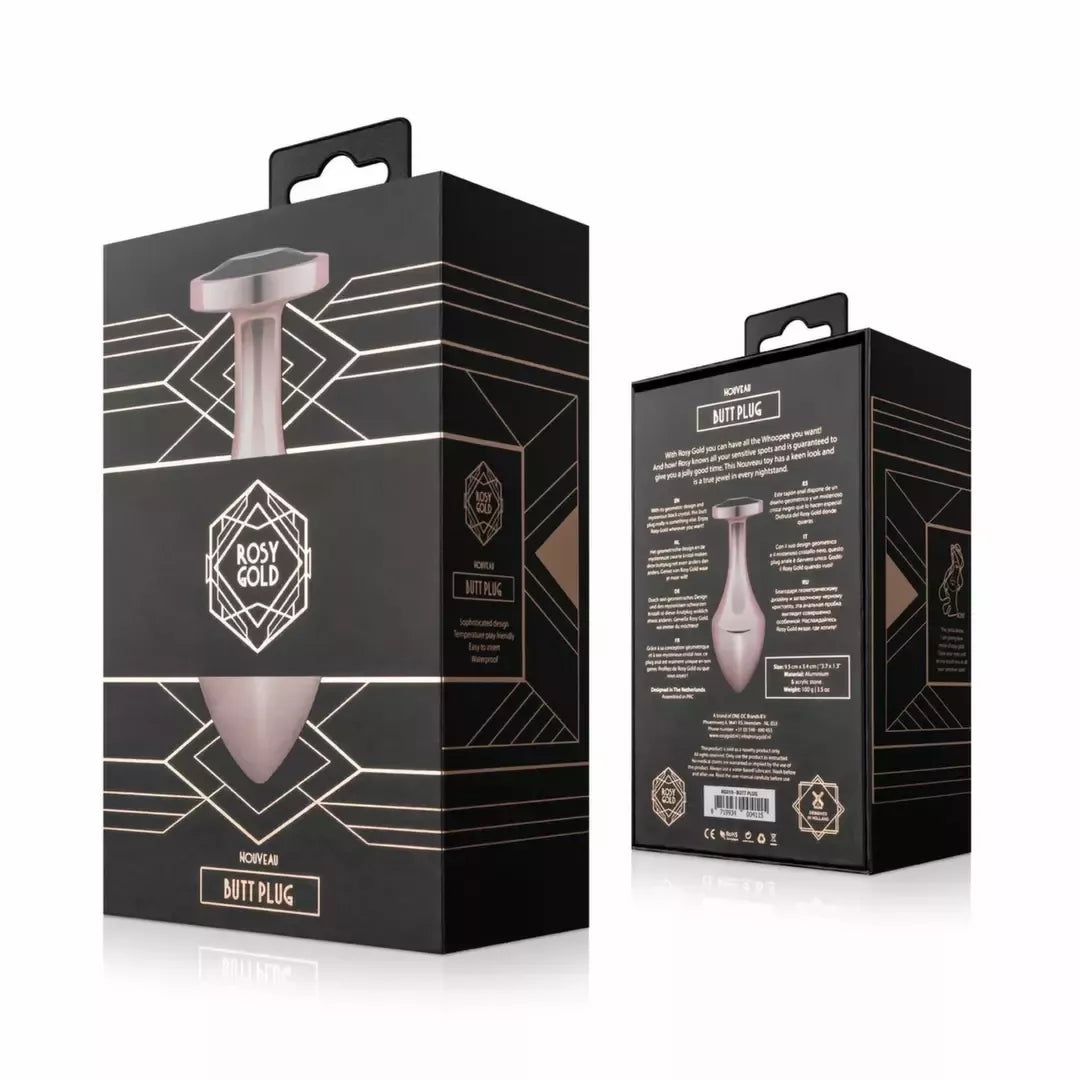 Rosy Gold Nouveau geometrinis analinis kamštukas su juodu kristalu