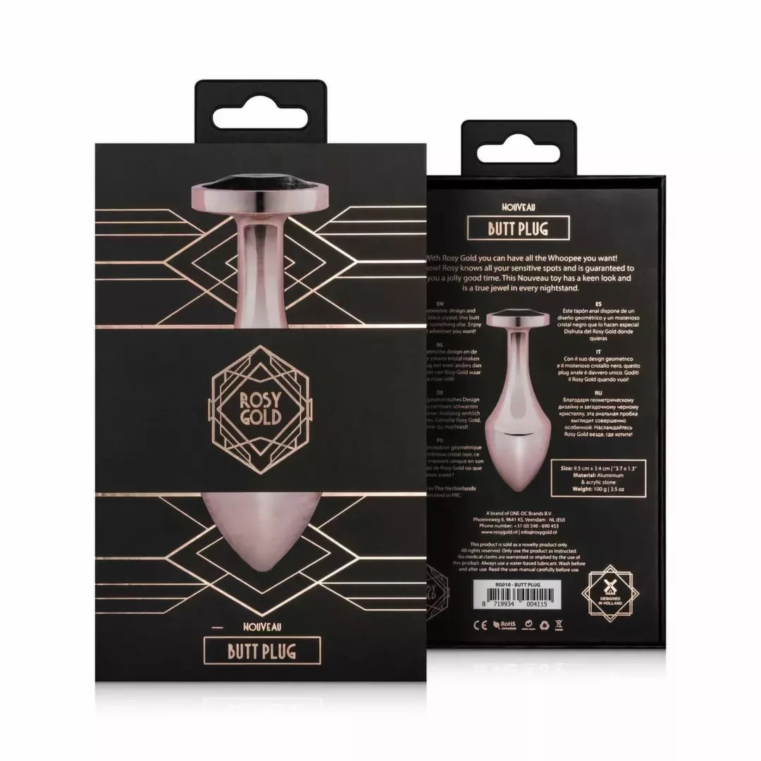 Rosy Gold Nouveau geometrinis analinis kamštukas su juodu kristalu