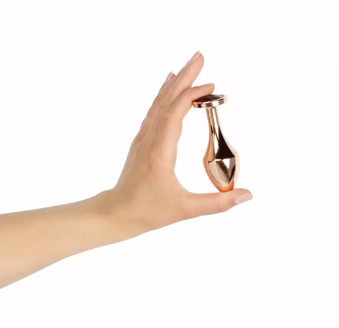Rosy Gold Nouveau geometrinis analinis kamštukas su juodu kristalu