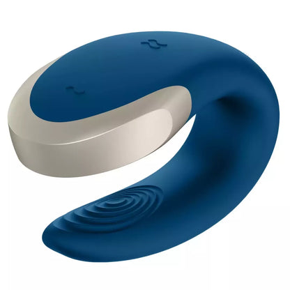 Satisfyer Double Love Blue – programėle valdomas porų prietaisas, atsparus vandeniui, su metalo detalėmis