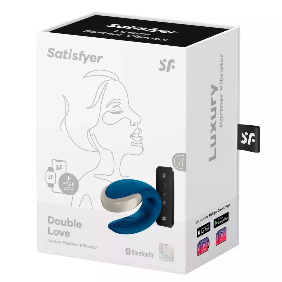 Satisfyer Double Love Blue – programėle valdomas porų prietaisas, atsparus vandeniui, su metalo detalėmis