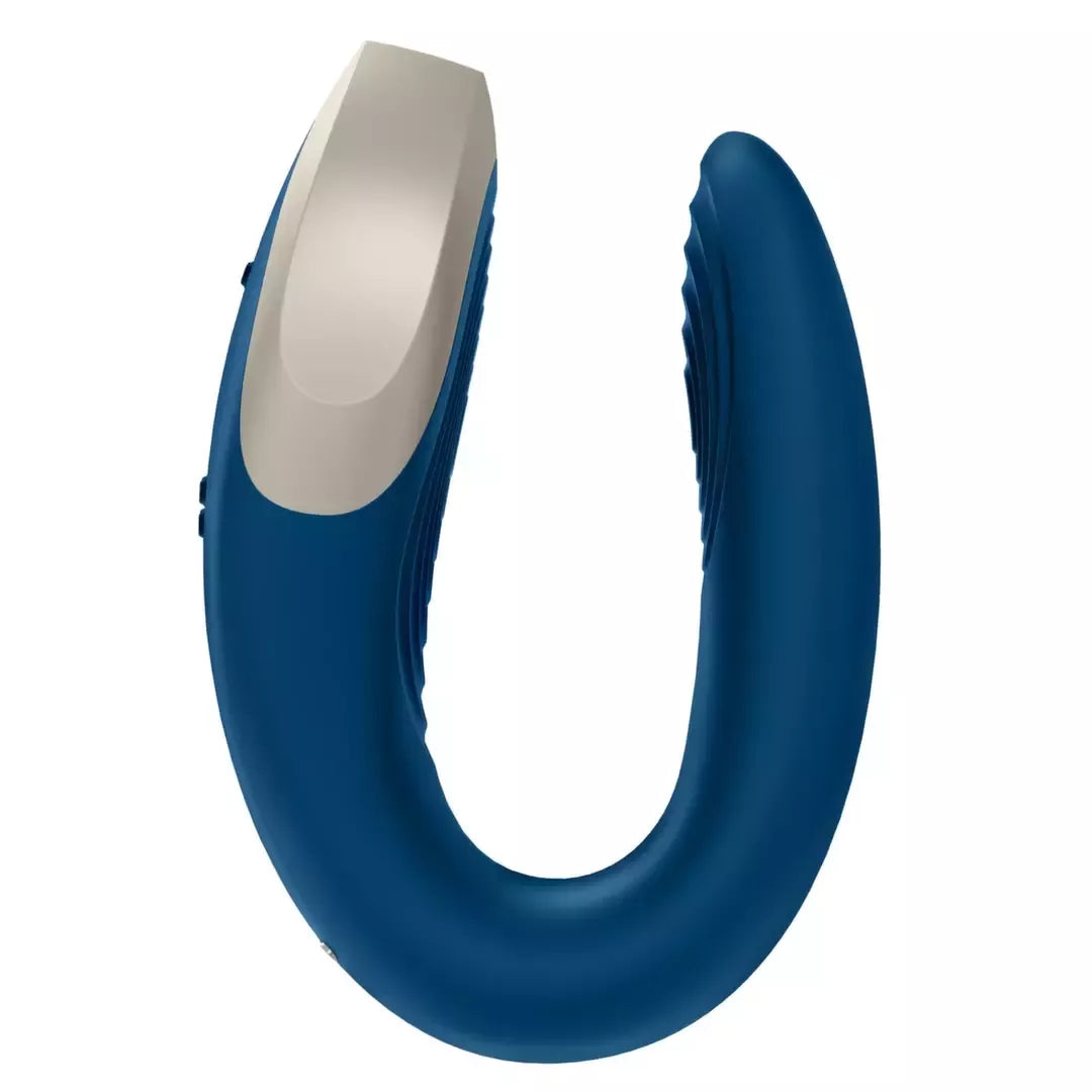Satisfyer Double Love Blue – programėle valdomas porų prietaisas, atsparus vandeniui, su metalo detalėmis