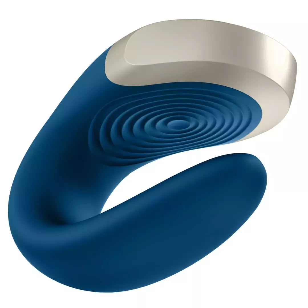 Satisfyer Double Love Blue – programėle valdomas porų prietaisas, atsparus vandeniui, su metalo detalėmis