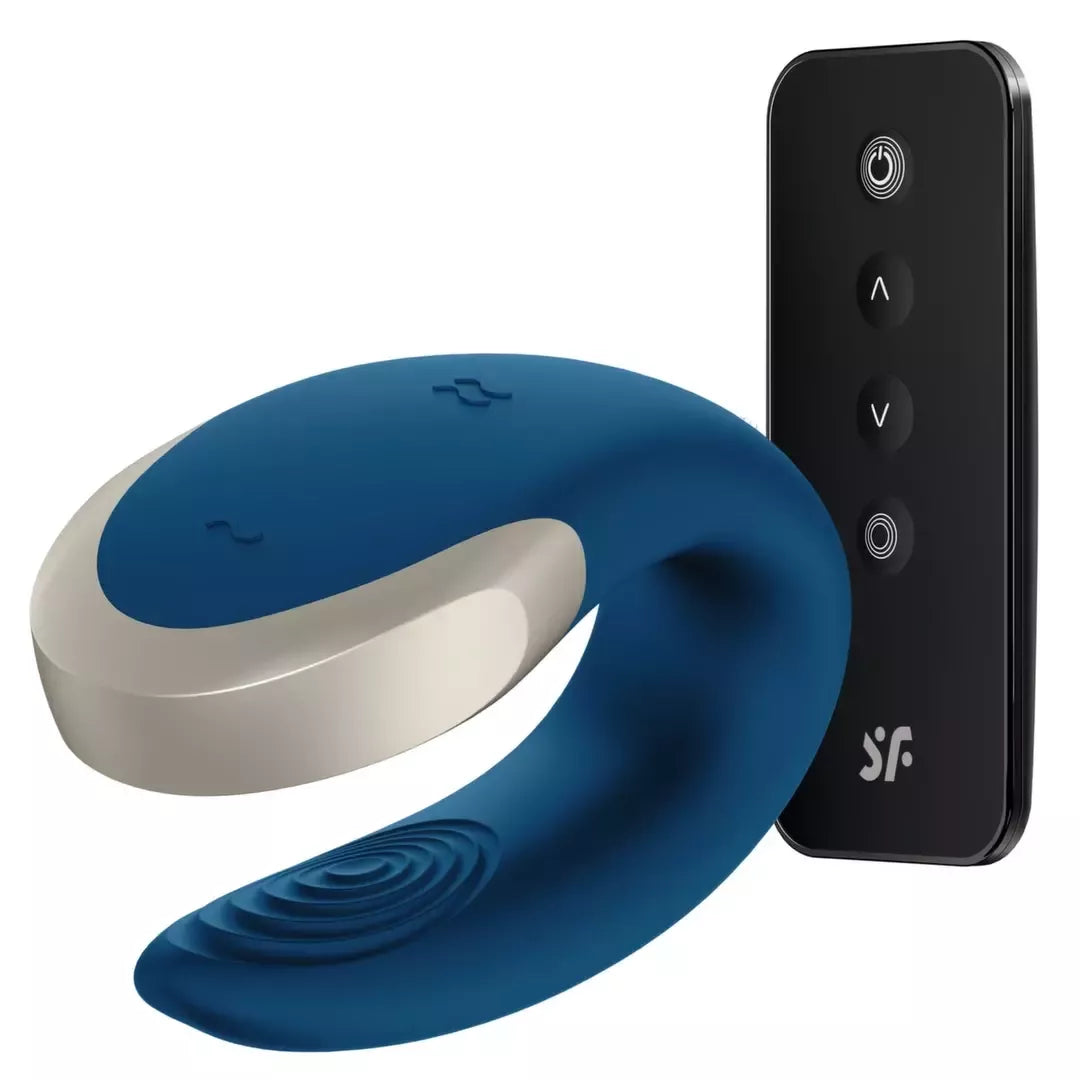 Satisfyer Double Love Blue – programėle valdomas porų prietaisas, atsparus vandeniui, su metalo detalėmis