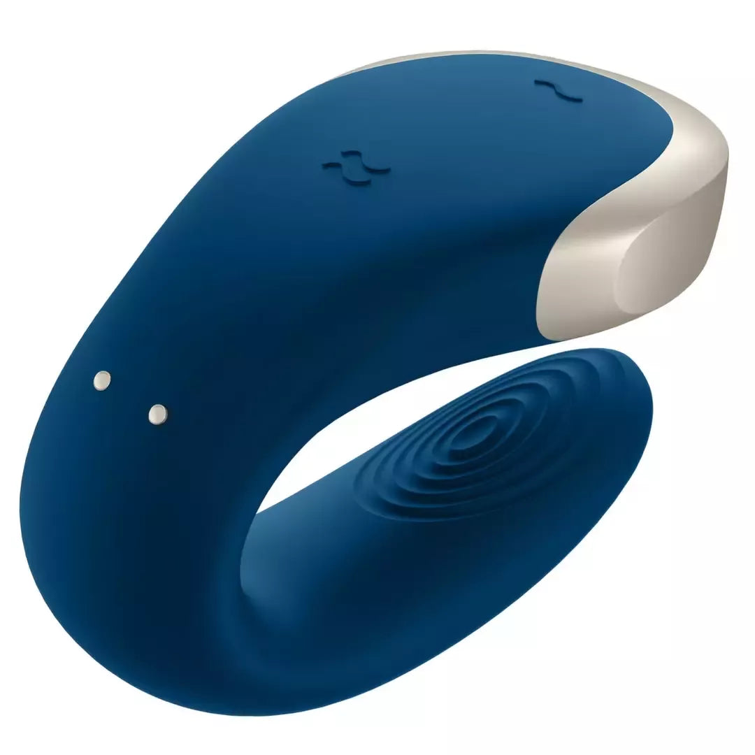 Satisfyer Double Love Blue – programėle valdomas porų prietaisas, atsparus vandeniui, su metalo detalėmis