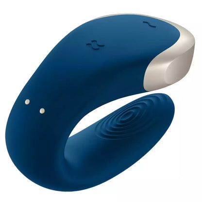 Satisfyer Double Love Blue – programėle valdomas porų prietaisas, atsparus vandeniui, su metalo detalėmis