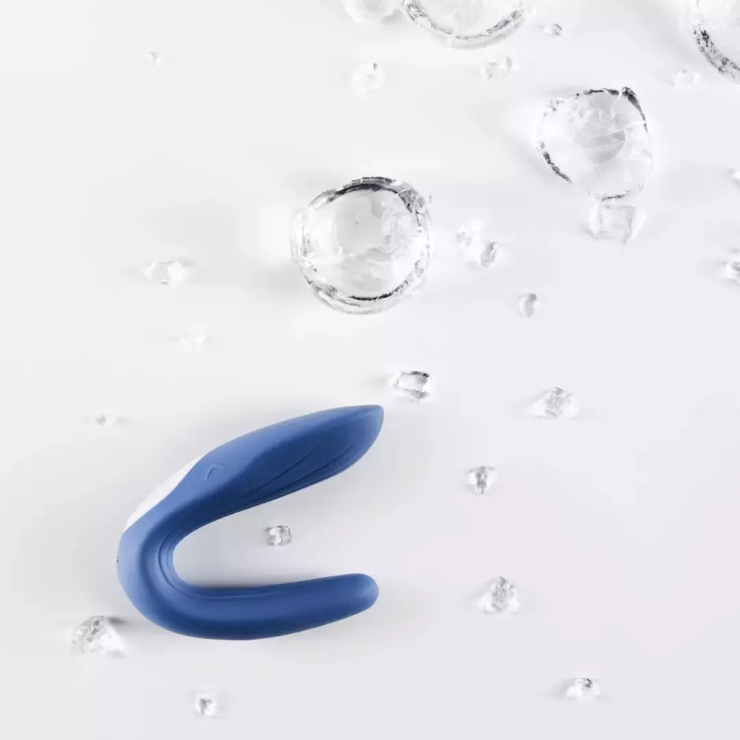Satisfyer Partner Double Whale poroms skirtas modelis, vandeniui atsparus, mėlynas silikoninis