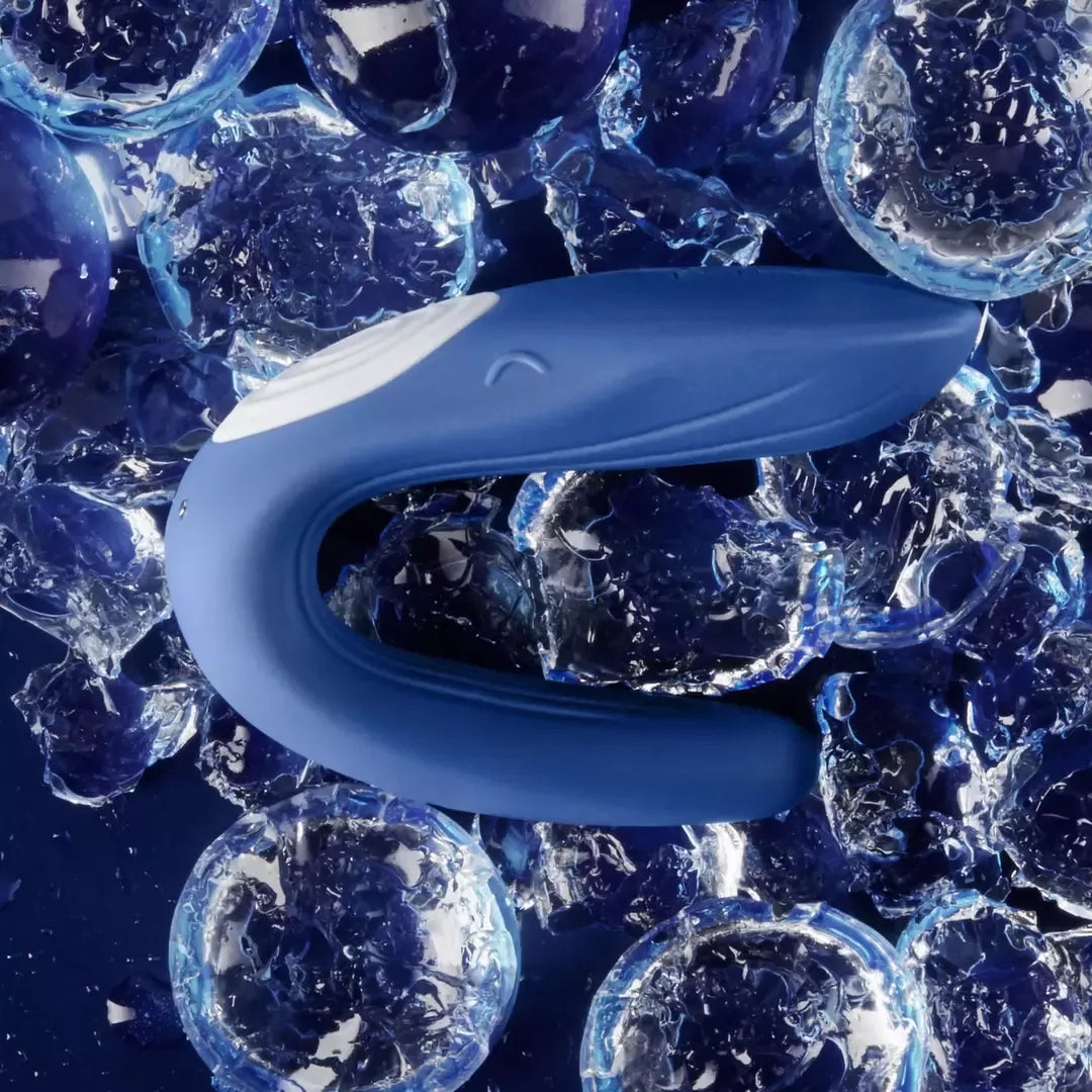 Satisfyer Partner Double Whale poroms skirtas modelis, vandeniui atsparus, mėlynas silikoninis