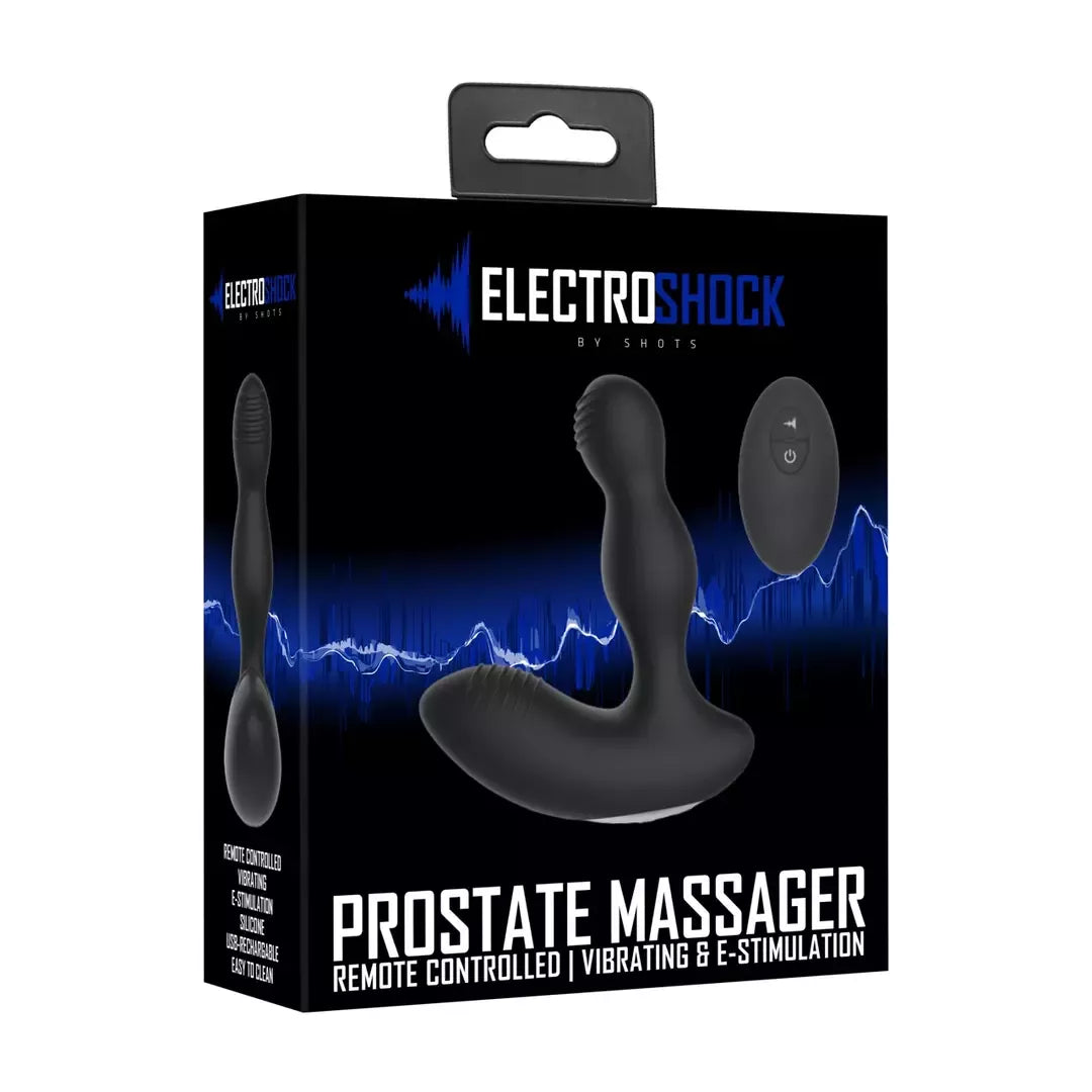 Shots ElectroShock prostatos masažuoklis, juodas, dvigubas variklis, silikoninis, su nuotolinio valdymo pulteliu