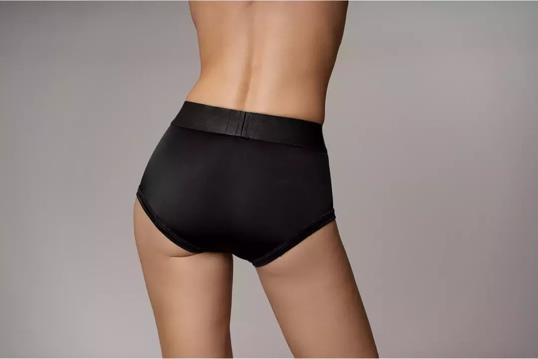 Sincerely Vibrating Strap-On Brief XS/S juodos spalvos - įkraunama sistema