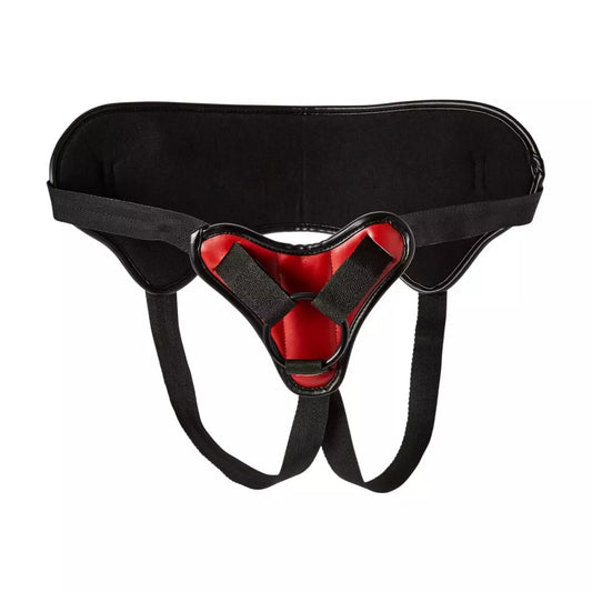 Sportsheets Saffron Strap-On diržai su kabykla, juodos ir raudonos spalvos, reguliuojami, PU oda