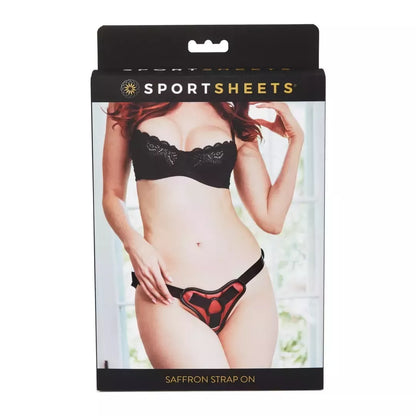 Sportsheets Saffron Strap-On diržai su kabykla, juodos ir raudonos spalvos, reguliuojami, PU oda