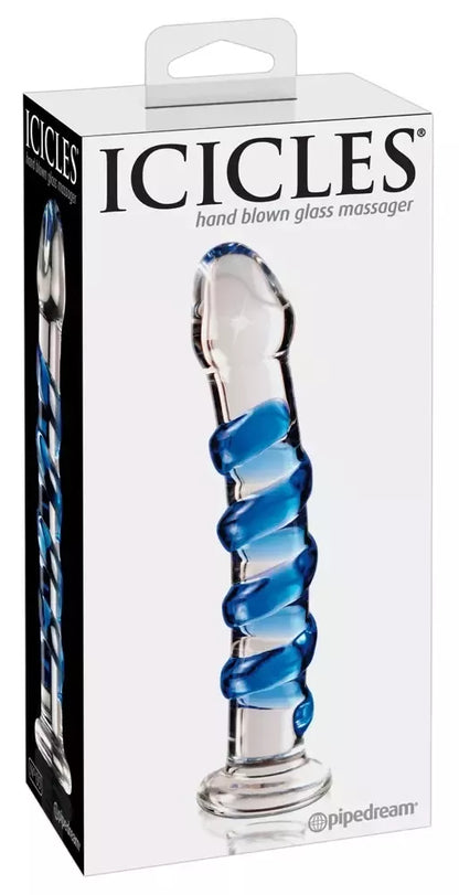 Stiklinis masažo įrankis Pipedream Icicles No. 5 su spiraliniu raštu, 18,5 cm