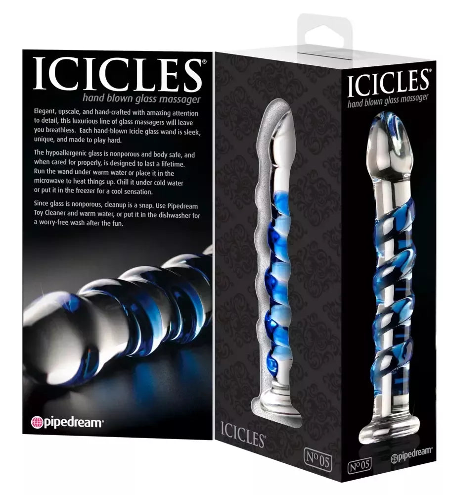 Stiklinis masažo įrankis Pipedream Icicles No. 5 su spiraliniu raštu, 18,5 cm