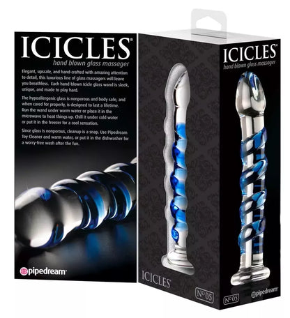 Stiklinis masažo įrankis Pipedream Icicles No. 5 su spiraliniu raštu, 18,5 cm