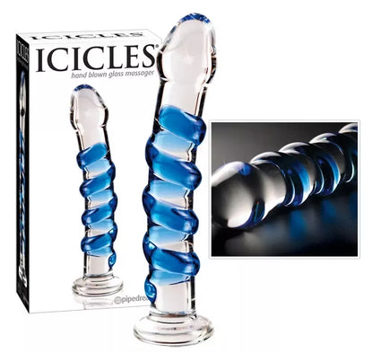 Stiklinis masažo įrankis Pipedream Icicles No. 5 su spiraliniu raštu, 18,5 cm