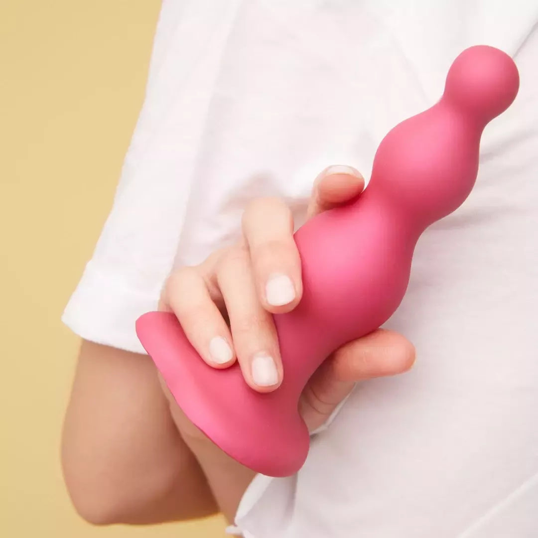 Strap-On-Me dildo kamštis su karoliukais, metalinės aviečių rožinės spalvos, L dydis
