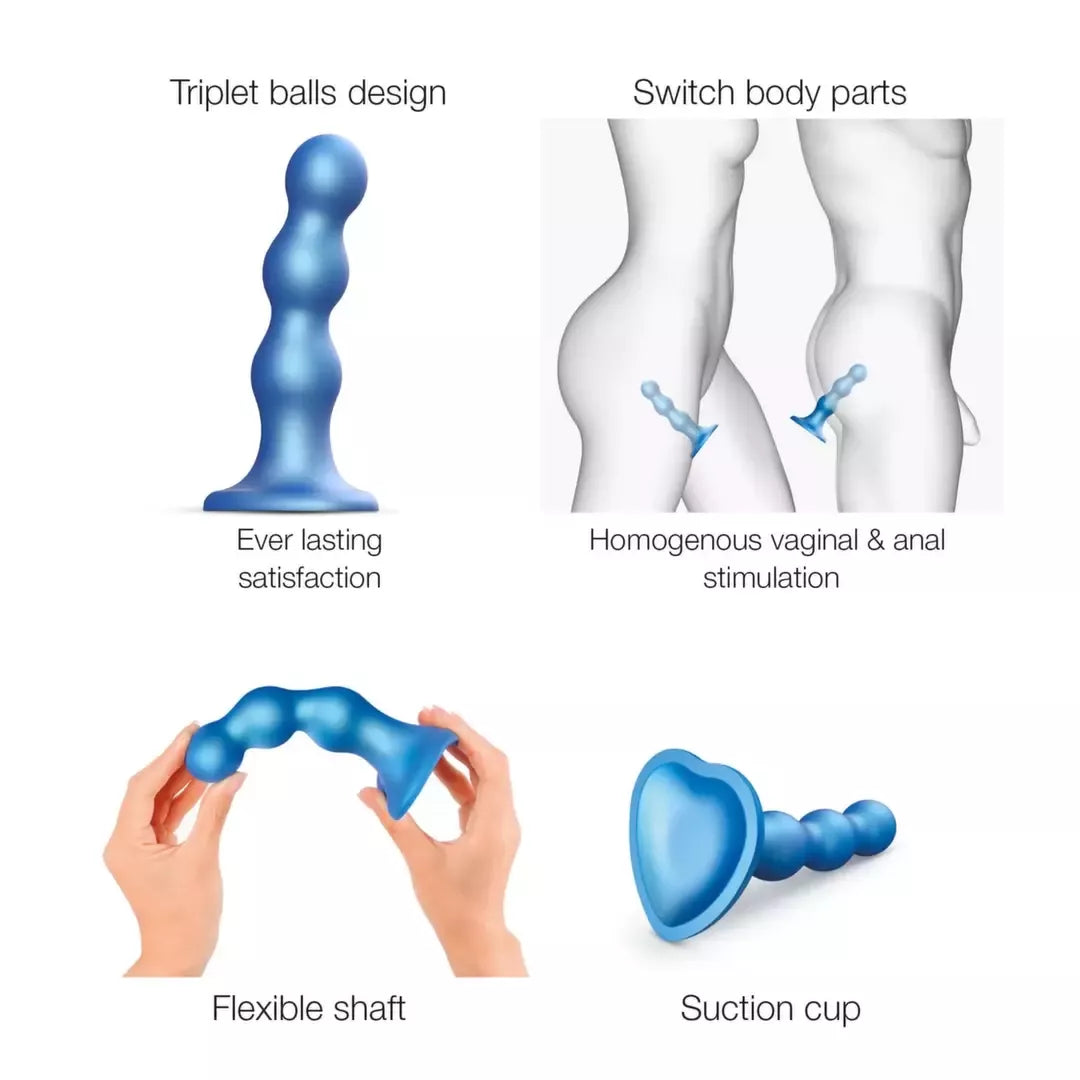 Strap-On-Me Plug Balls S Metallic Blue – skystas silikonas, 3 rutuliukai, suderinamas su diržais