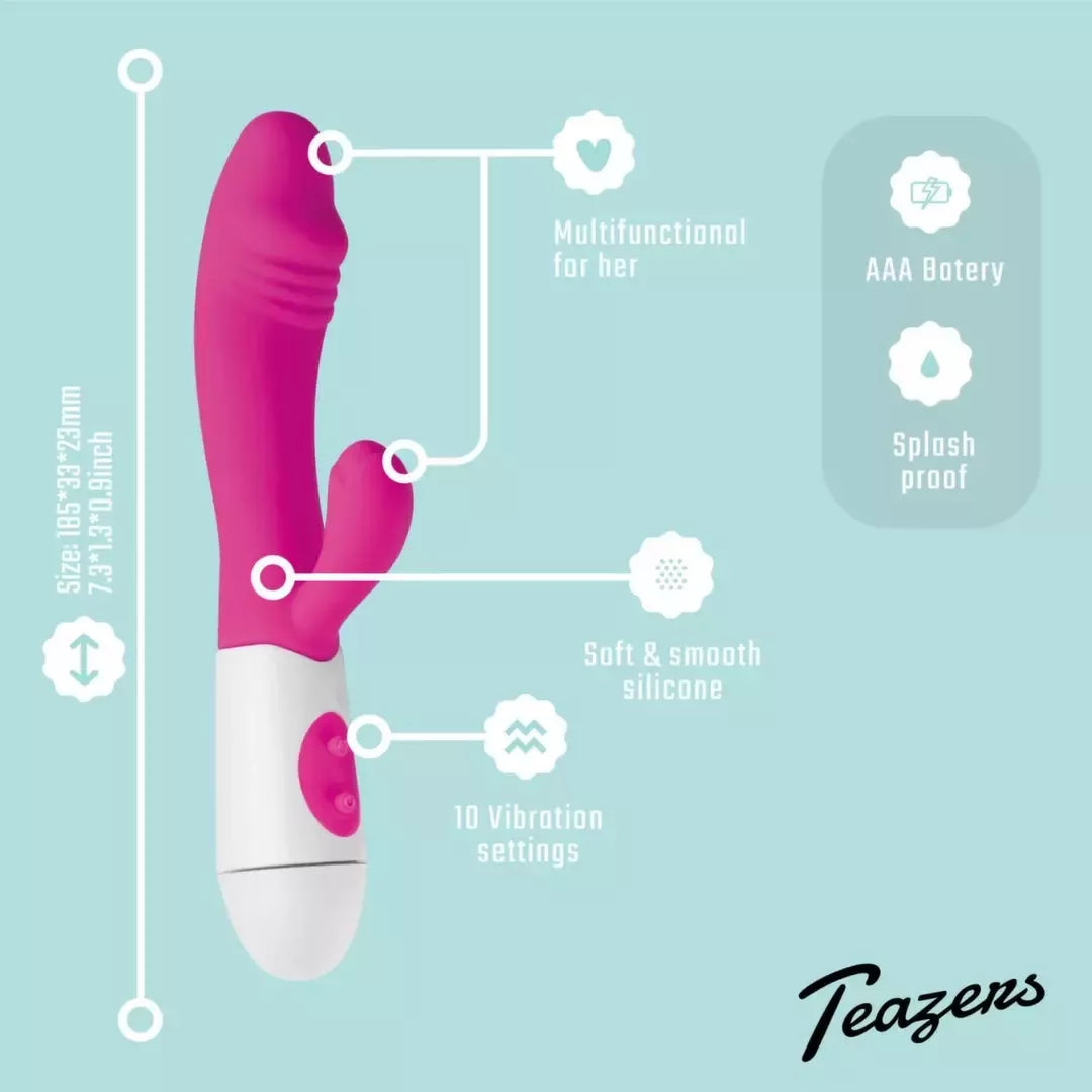 Teazers Pink Dual-Action silikoninis triušio formos vibratorius, 10 režimų, atsparus vandeniui
