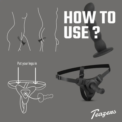 Teazers silikoninis strap-on rinkinys, juodas, reguliuojami diržai, 110 cm