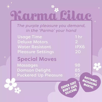 Unihorn Karma Lilac intymus masažuoklis, silikoninis, su dviem varikliais, įkraunamas