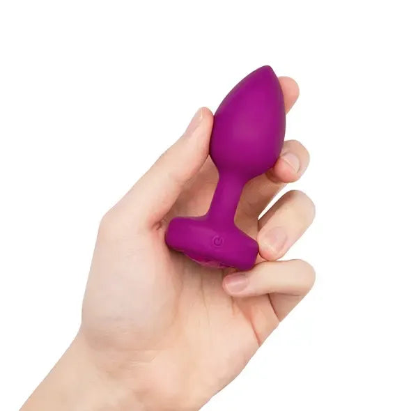 Vibruojantis analinis kištukas b-Vibe Jewel Plug S/M, Pink Ruby silikoninis, 15 režimų, USB