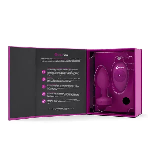Vibruojantis analinis kištukas b-Vibe Jewel Plug S/M, Pink Ruby silikoninis, 15 režimų, USB