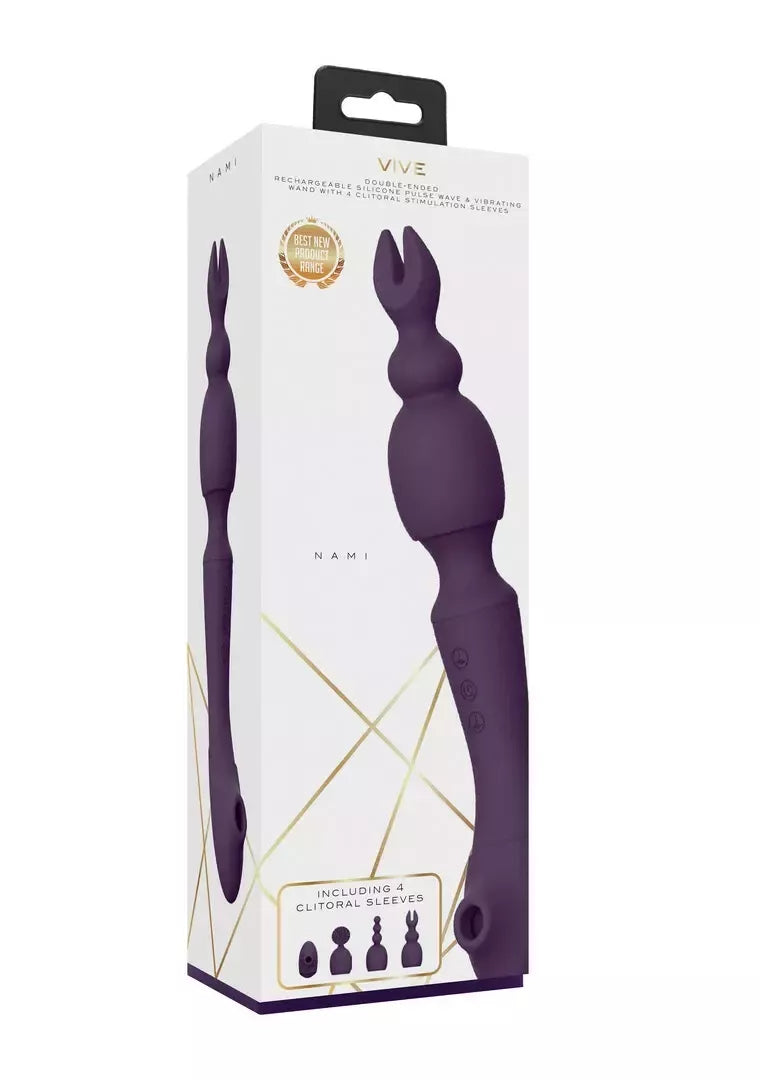 VIVE Nami Pulse Wave Dual Motor Wand violetinis masažuoklis su 4 purkštukų komplektu