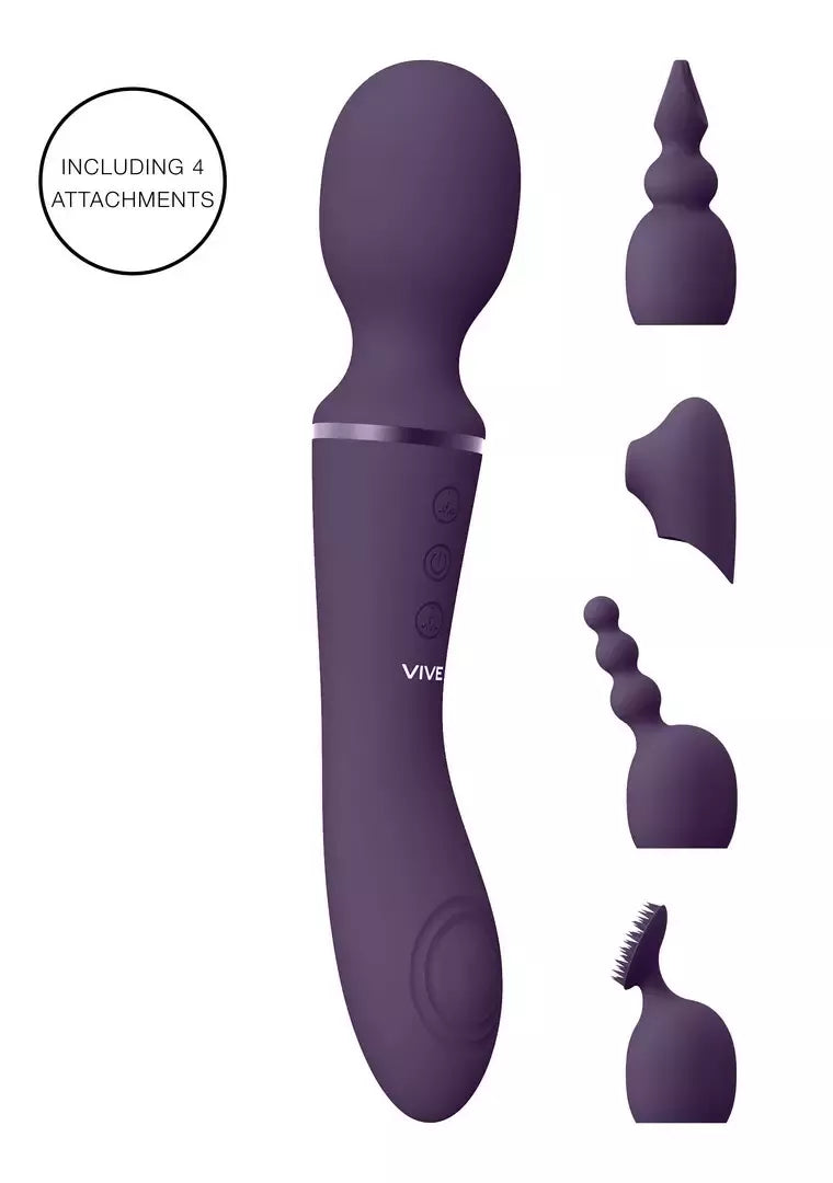 VIVE Nami Pulse Wave Dual Motor Wand violetinis masažuoklis su 4 purkštukų komplektu