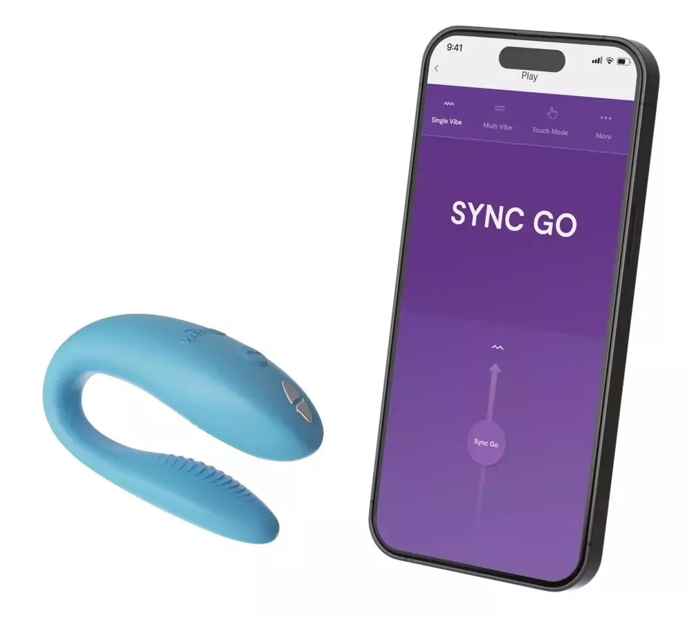 We-Vibe Sync Go Turquoise dvigubas vibratorius poroms, valdomas programėle, 7,7 cm