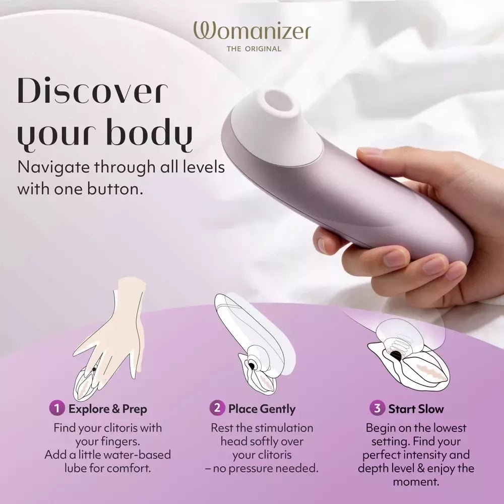 Womanizer Pro Lilac – kompaktiškas oro impulsų stimuliatorius, 11 intensyvumo lygių, atsparus vandeniui