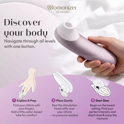 Womanizer Pro Lilac – kompaktiškas oro impulsų stimuliatorius, 11 intensyvumo lygių, atsparus vandeniui