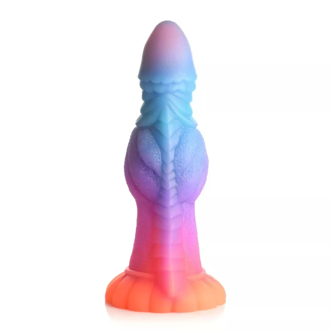 XR Brands Galactic Alien silikoninis intymus masažuoklis, šviečiantis tamsoje, 22 cm