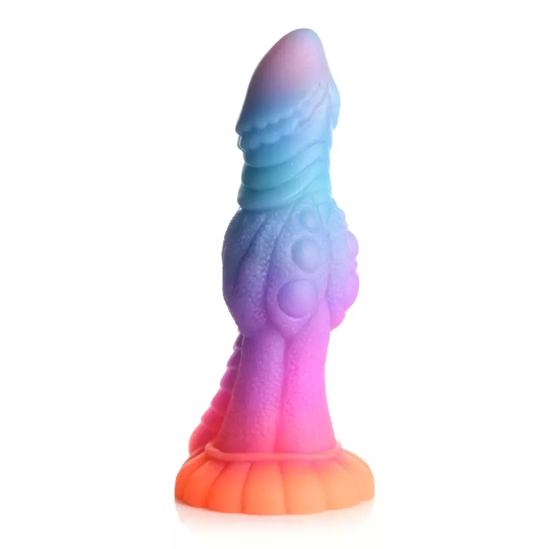 XR Brands Galactic Alien silikoninis intymus masažuoklis, šviečiantis tamsoje, 22 cm