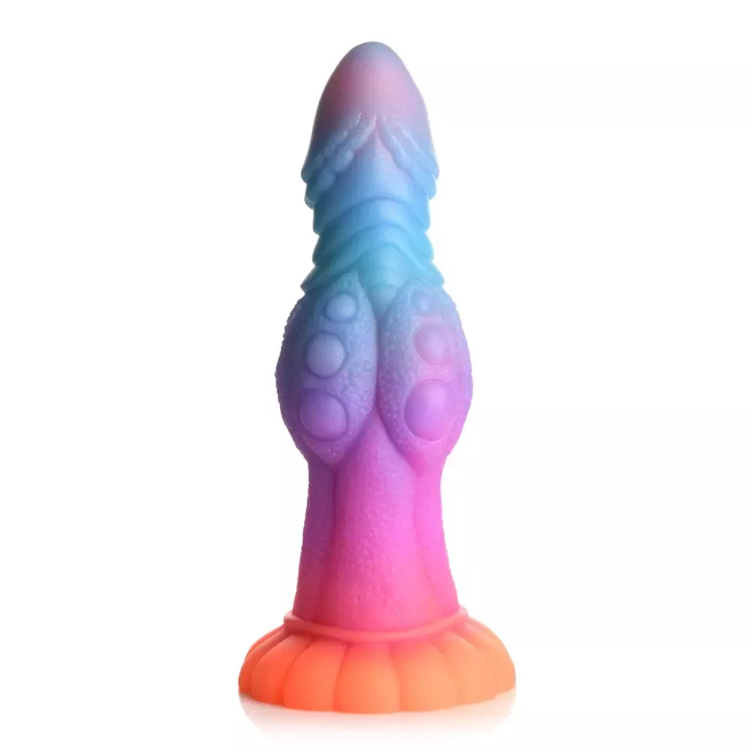 XR Brands Galactic Alien silikoninis intymus masažuoklis, šviečiantis tamsoje, 22 cm