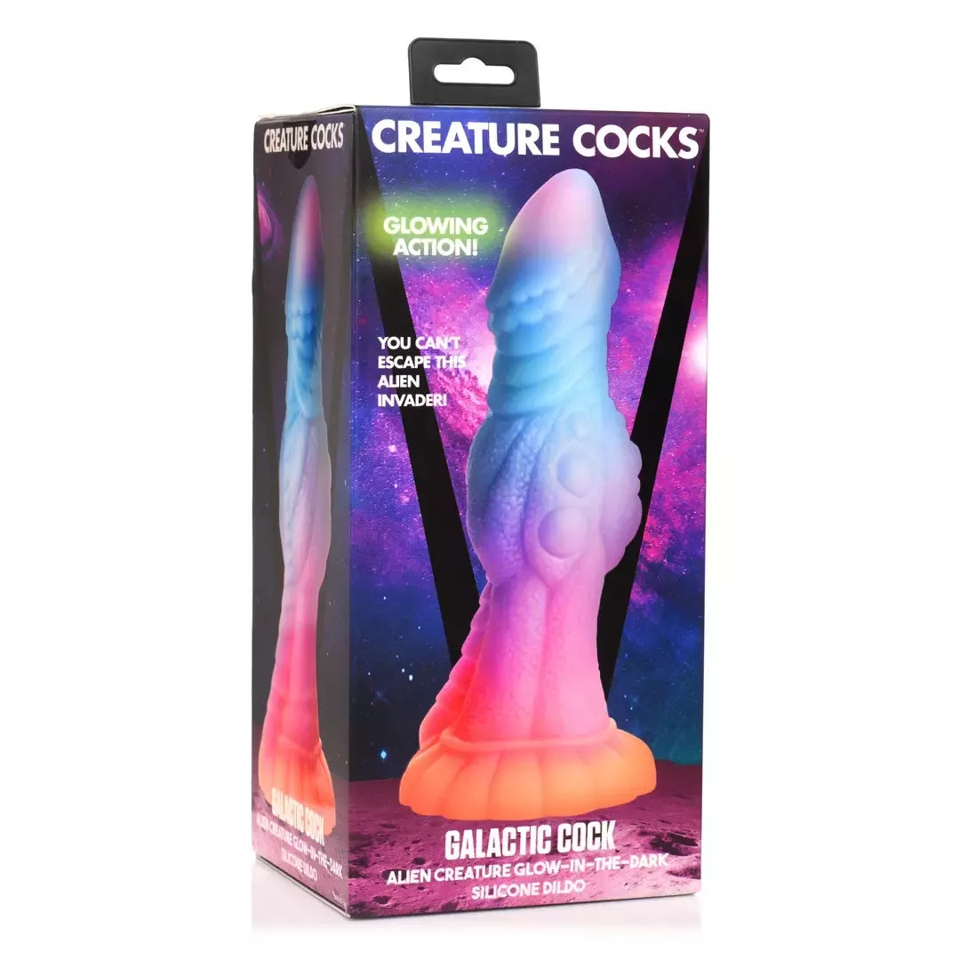 XR Brands Galactic Alien silikoninis intymus masažuoklis, šviečiantis tamsoje, 22 cm
