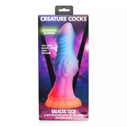 XR Brands Galactic Alien silikoninis intymus masažuoklis, šviečiantis tamsoje, 22 cm
