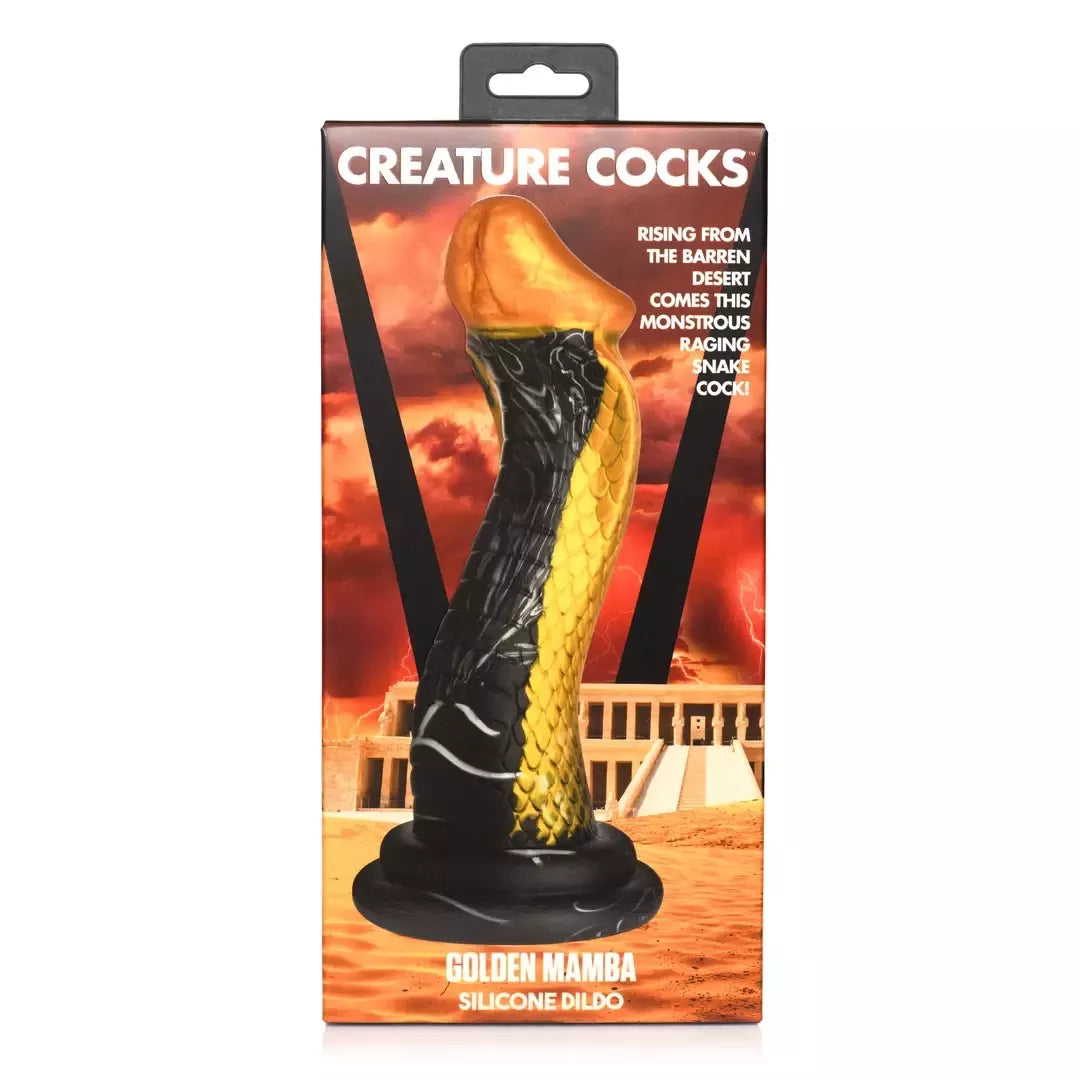 XR Brands Golden Snake silikoninis intymus žaislas, auksinės ir juodos spalvos, didelis